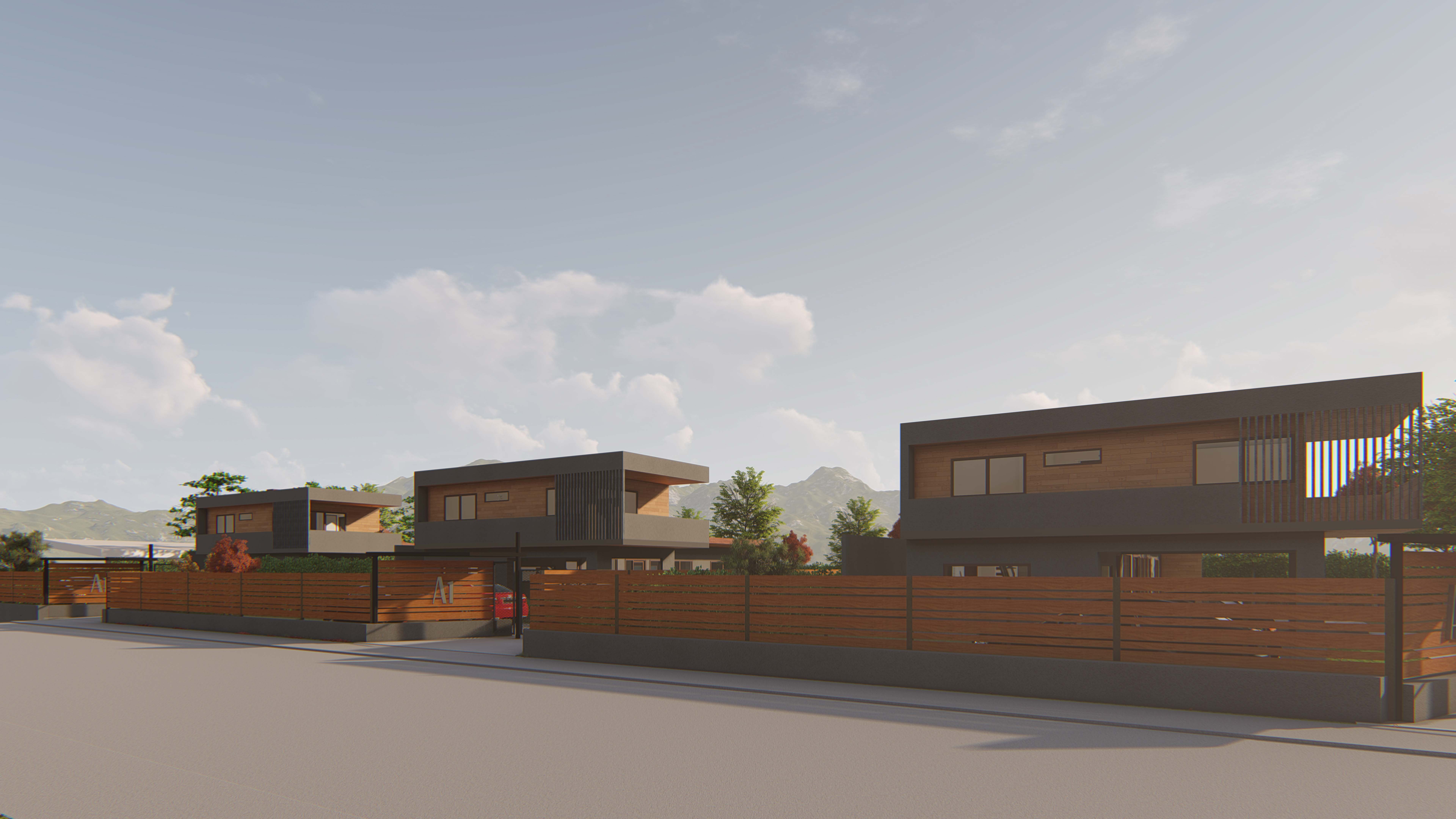 Casa DOS: Calle del condominio con casas de líneas modernas y cerco de madera