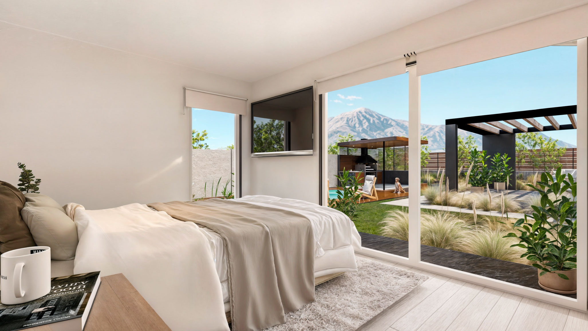 Casa UNO: Dormitorio con cama, gran ventanal y vista a la terraza y la cordillera