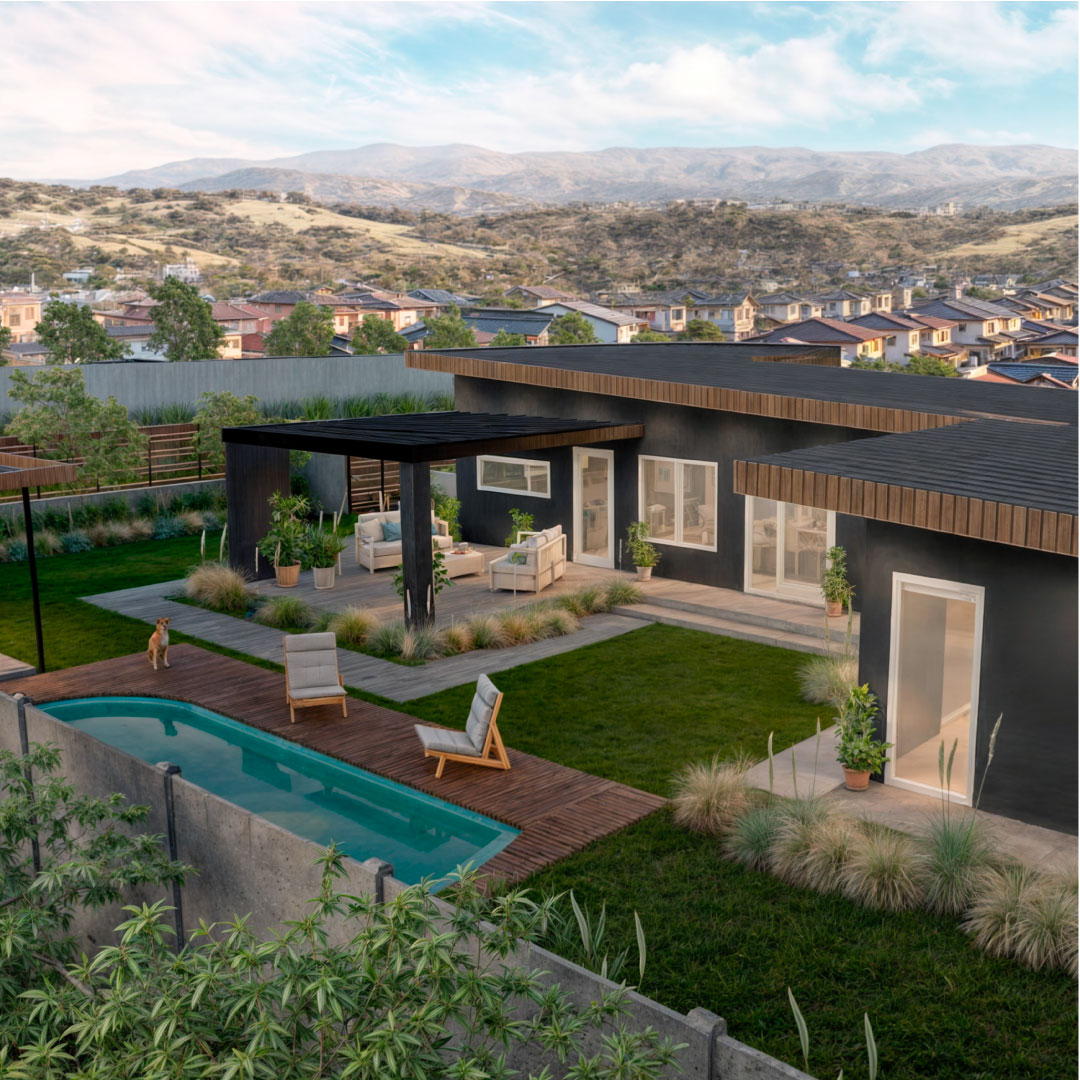 Casa UNO: Vista aérea de la casa de un piso con piscina, terraza y cerros al fondo