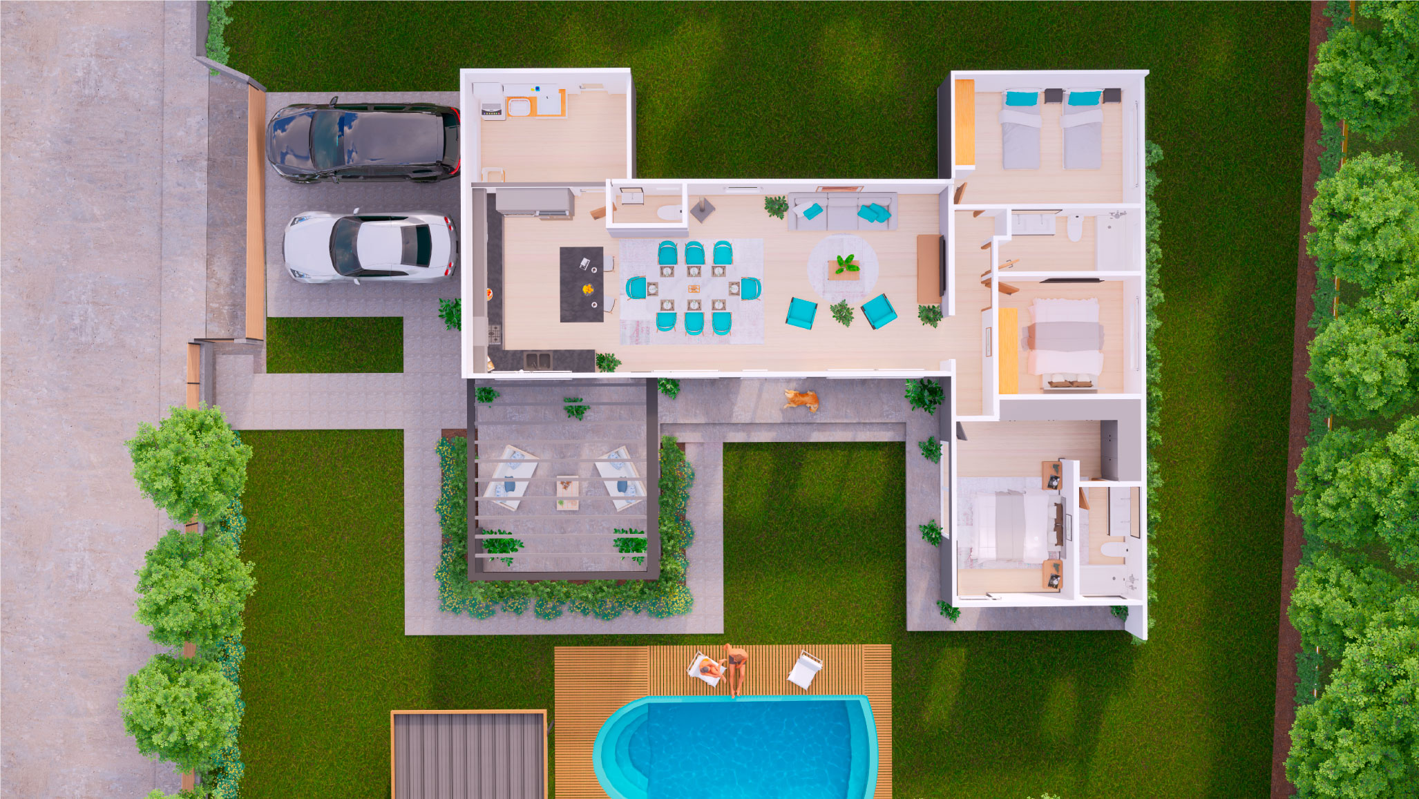 Casa UNO: Planta de la casa vista desde arriba: estacionamiento para dos autos, living-comedor, dormitorios, terraza y piscina