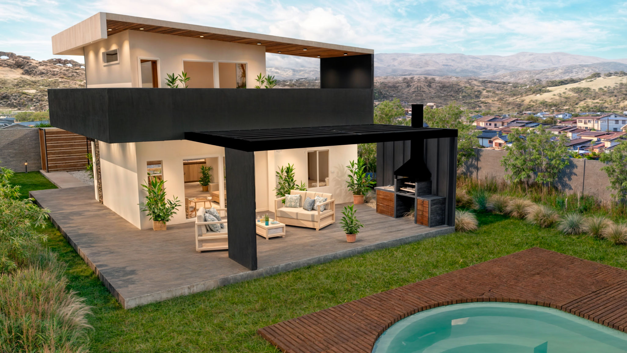 Casa TRES: Casa de dos pisos con terraza techada, quincho y piscina