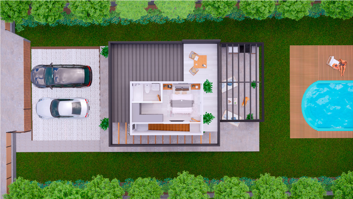 Casa TRES: Planta del segundo nivel vista desde arriba: dormitorio y terraza