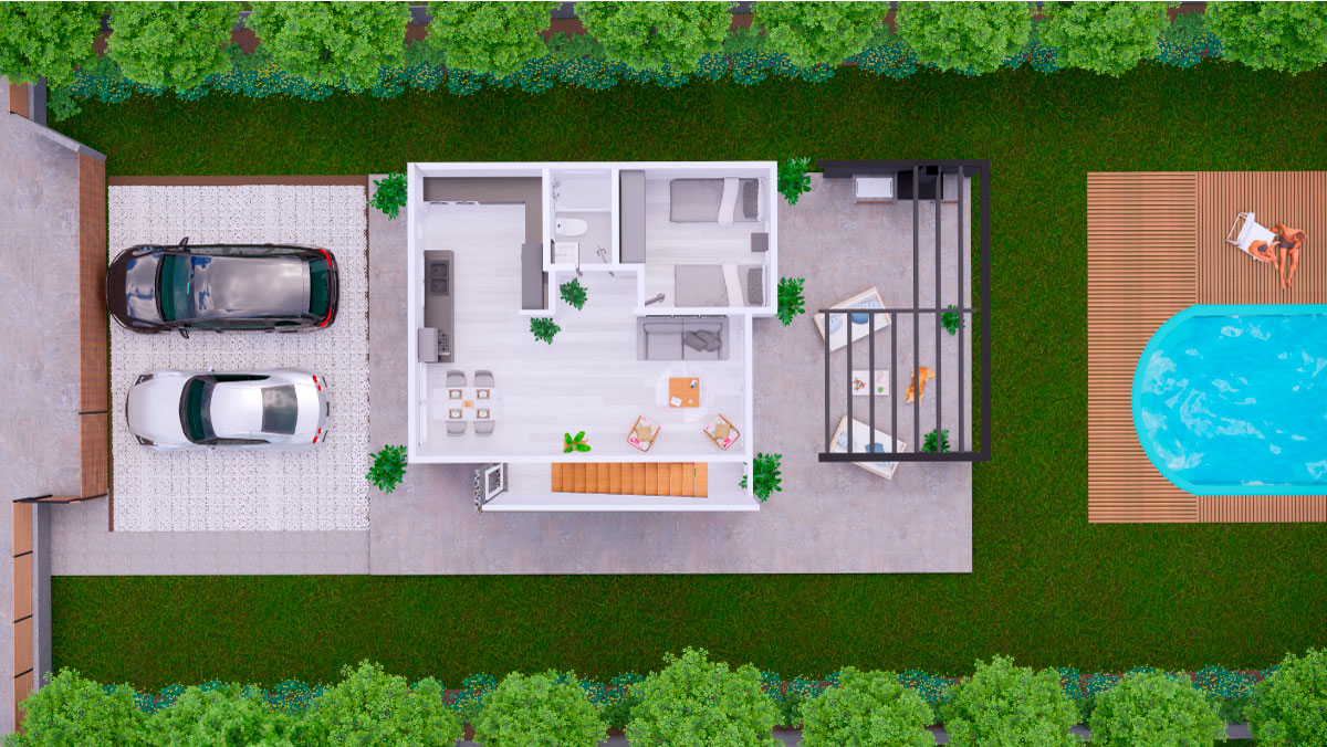 Casa TRES: Planta del primer nivel vista desde arriba: estacionamiento, living-comedor y terraza