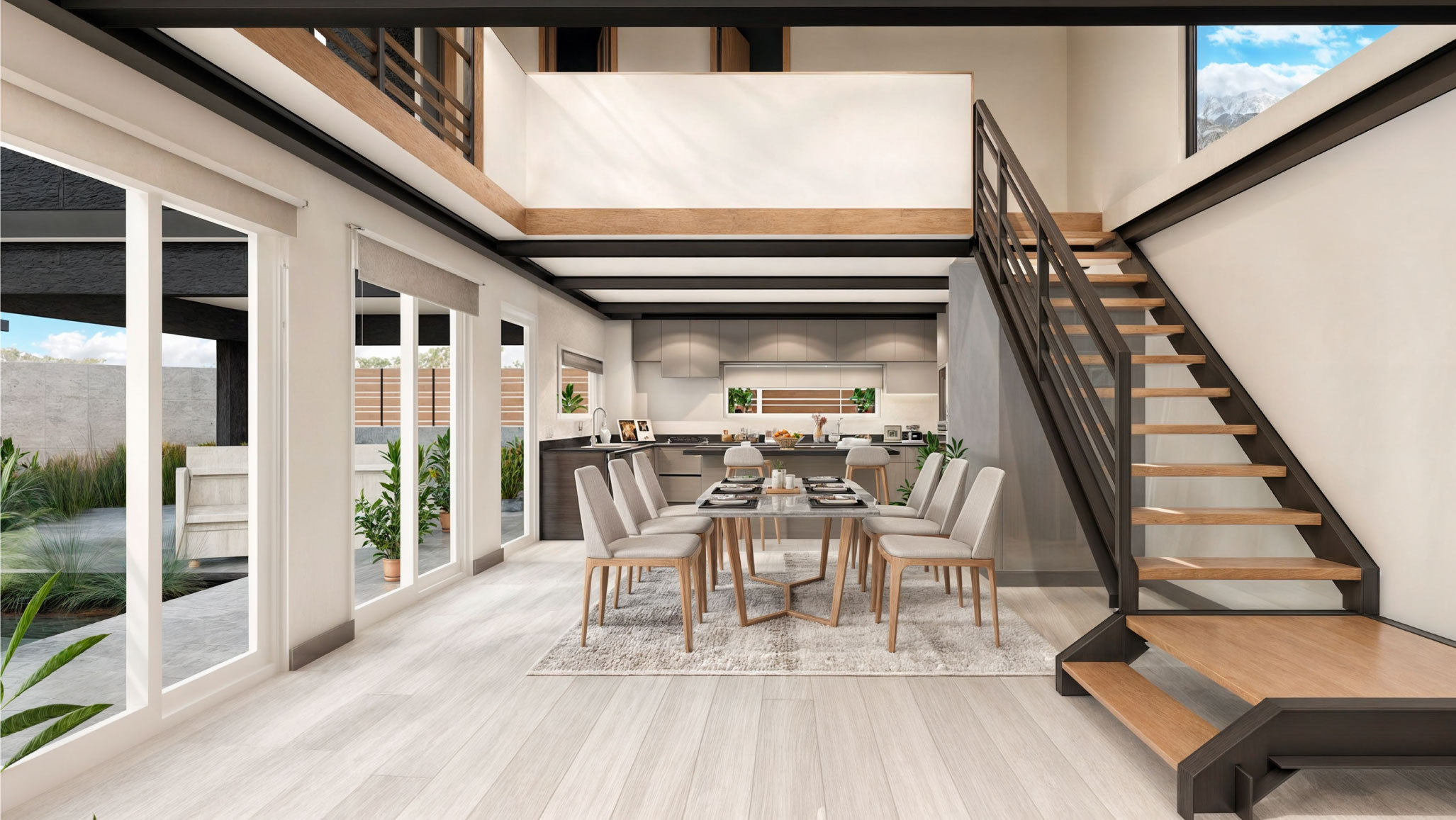 Casa DOS: Comedor de doble altura con escalera de madera y ventanales