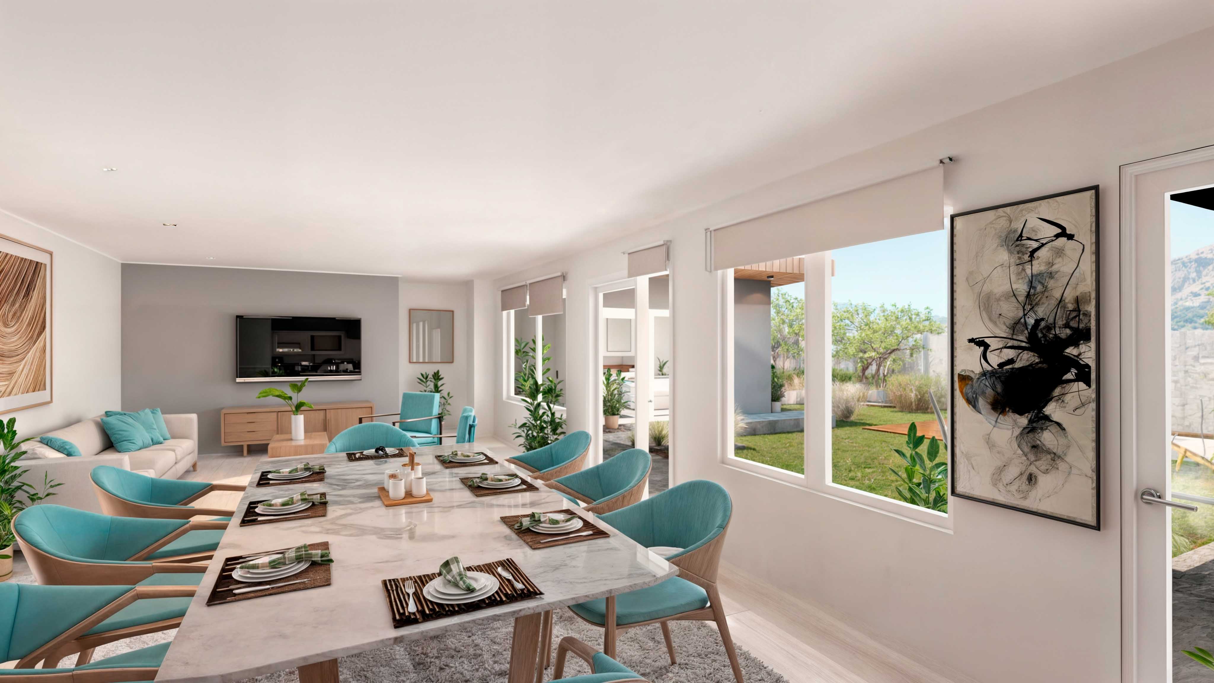 Casa UNO: Comedor y living continuos, con ventanales hacia el jardín