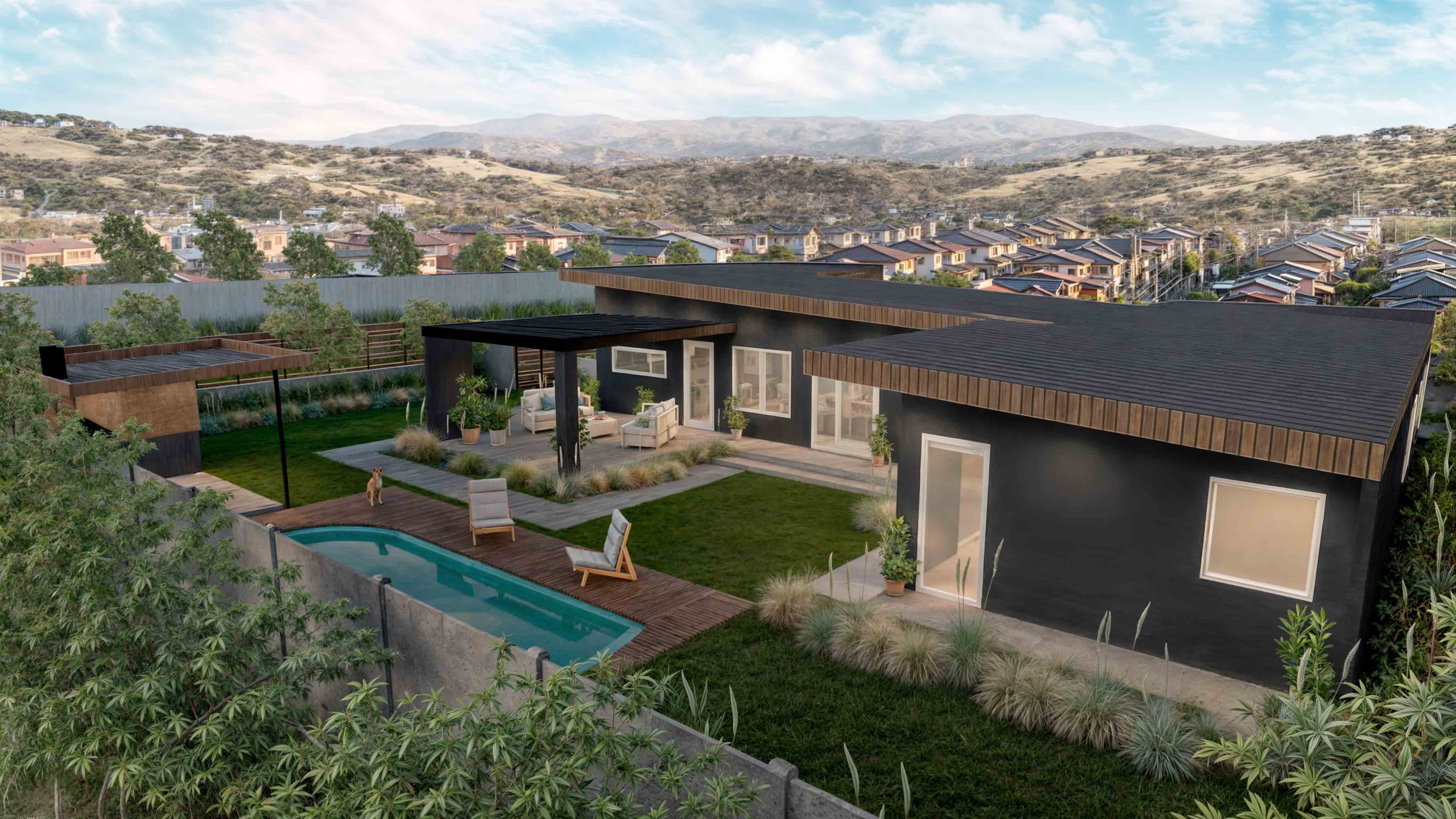 Casa UNO: Vista aérea de la casa con terraza techada y piscina, con cerros al fondo