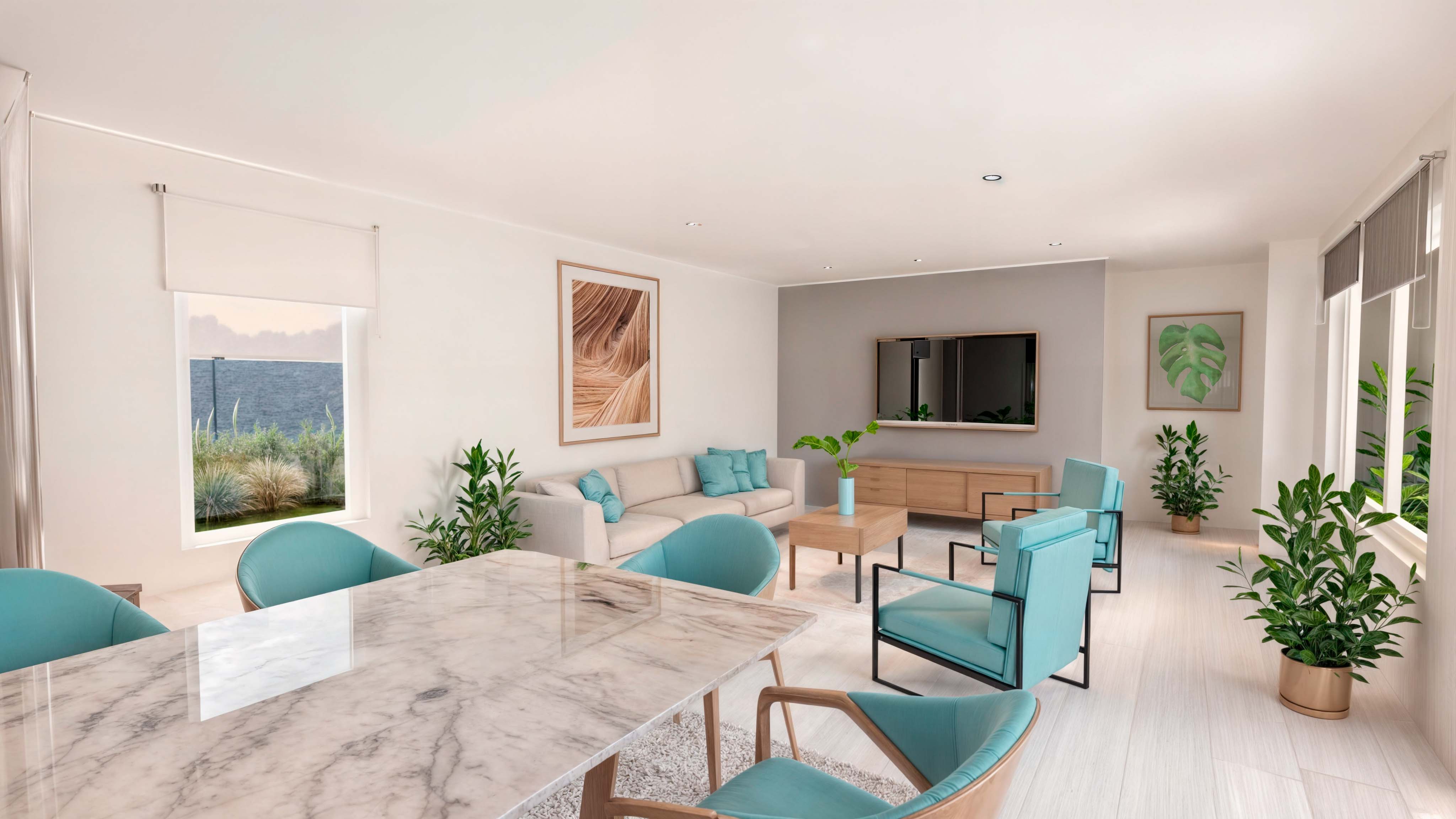 Casa UNO: Living-comedor amplio con sillones, mesa de mármol y sillas turquesa