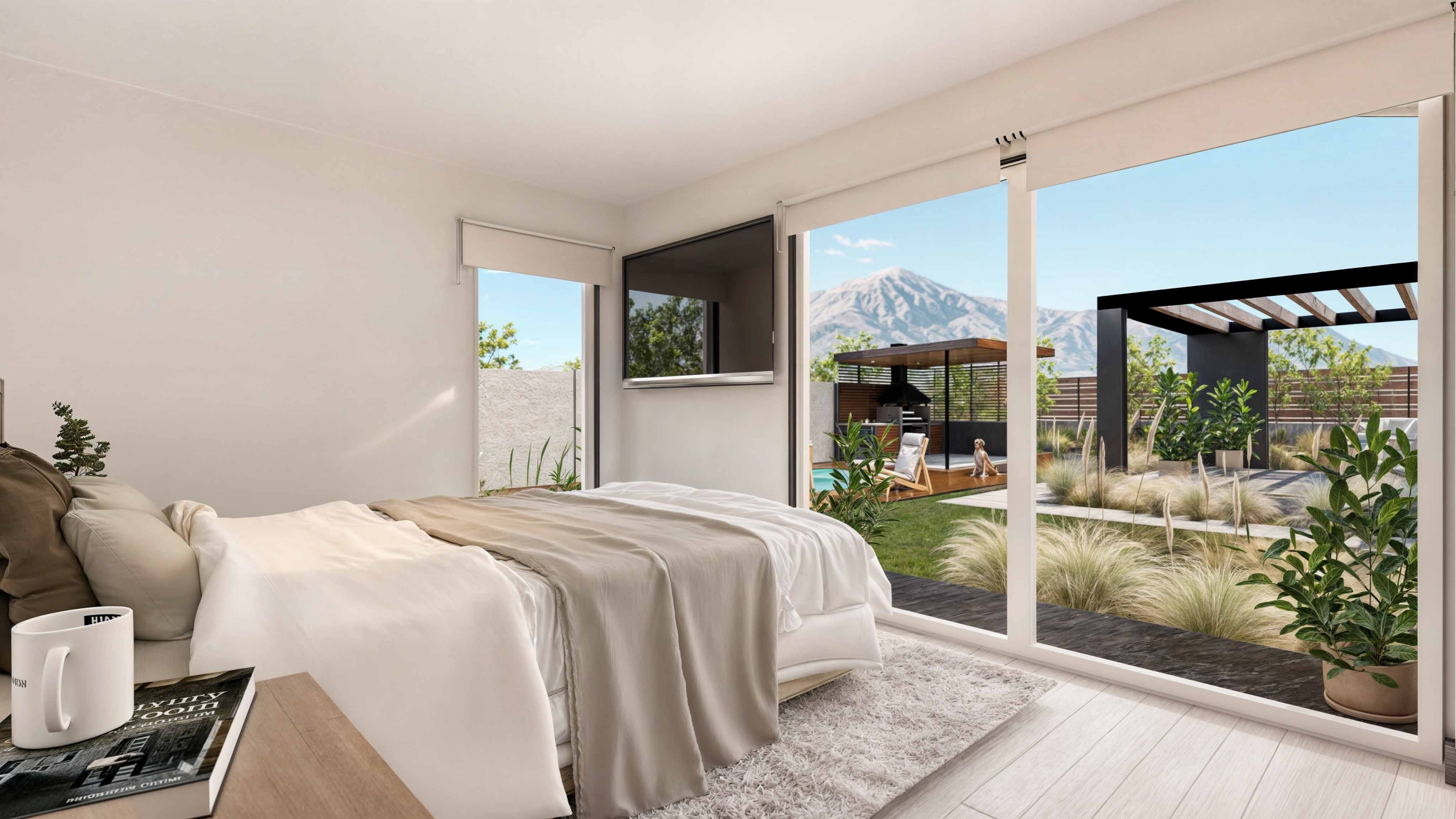 Casa UNO: Dormitorio con cama y ventanal hacia la terraza y la cordillera