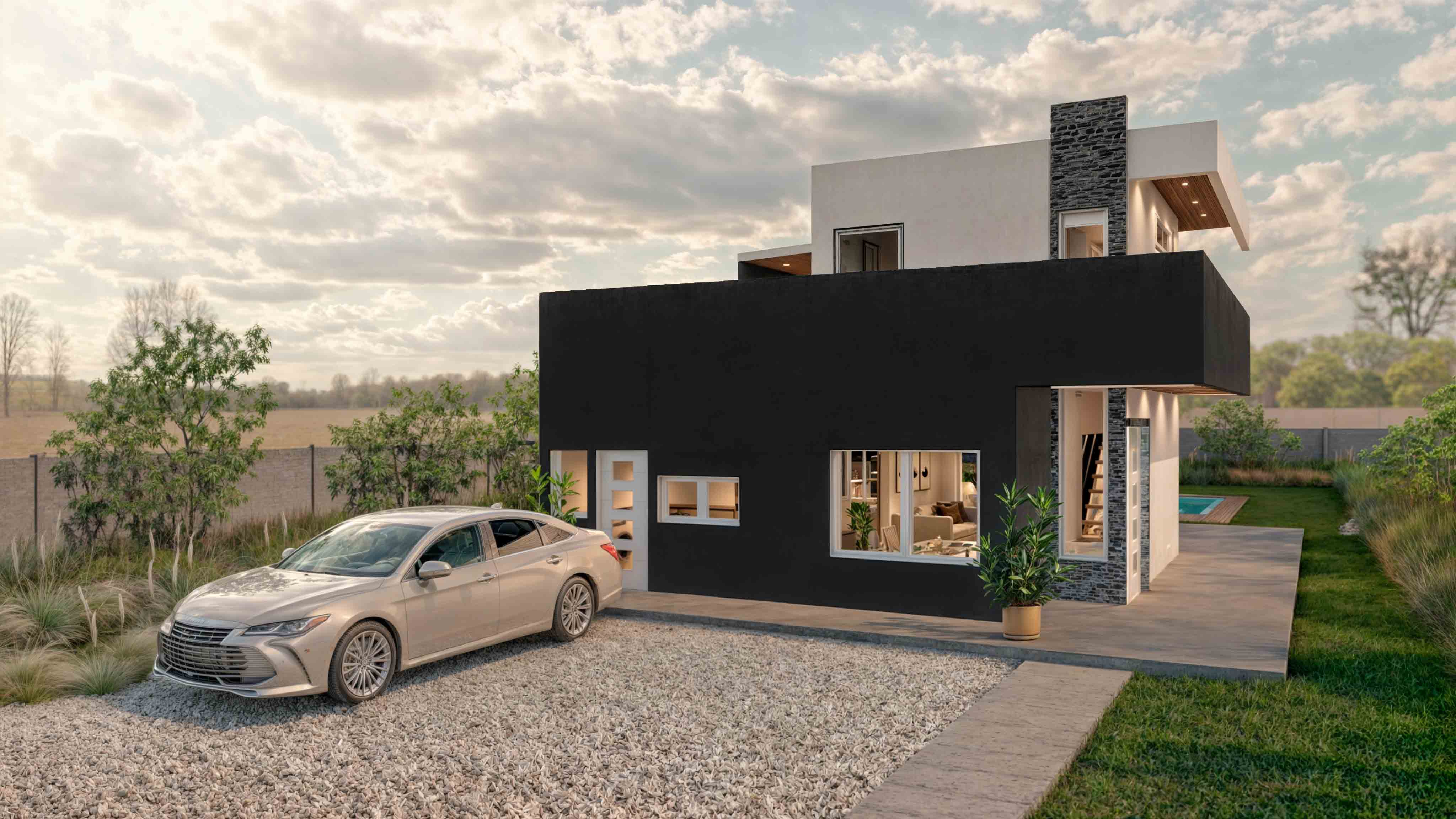 Casa TRES: Fachada frontal de la casa con un auto estacionado sobre gravilla