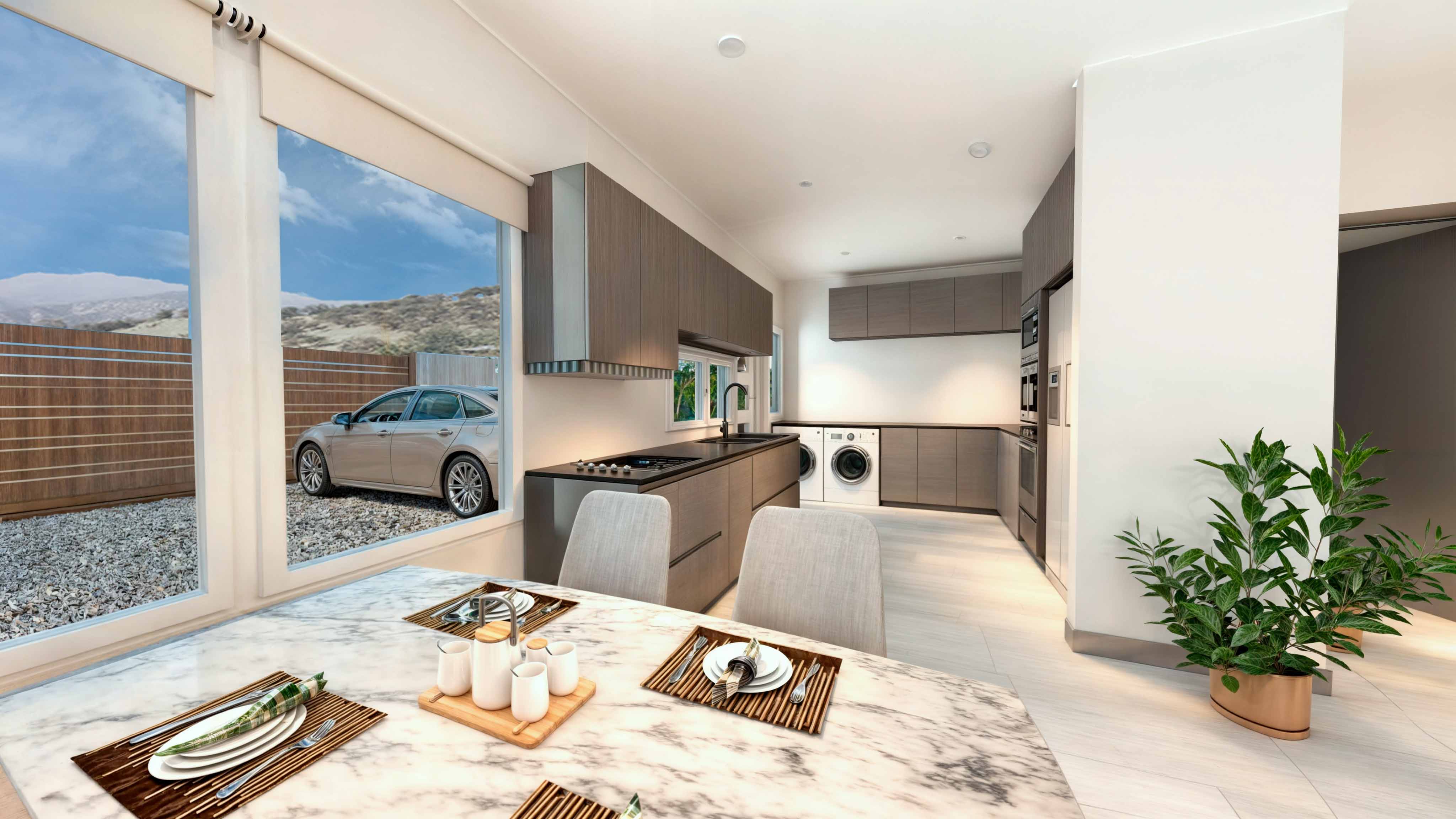 Casa TRES: Cocina y comedor con mesa de mármol y ventanal
