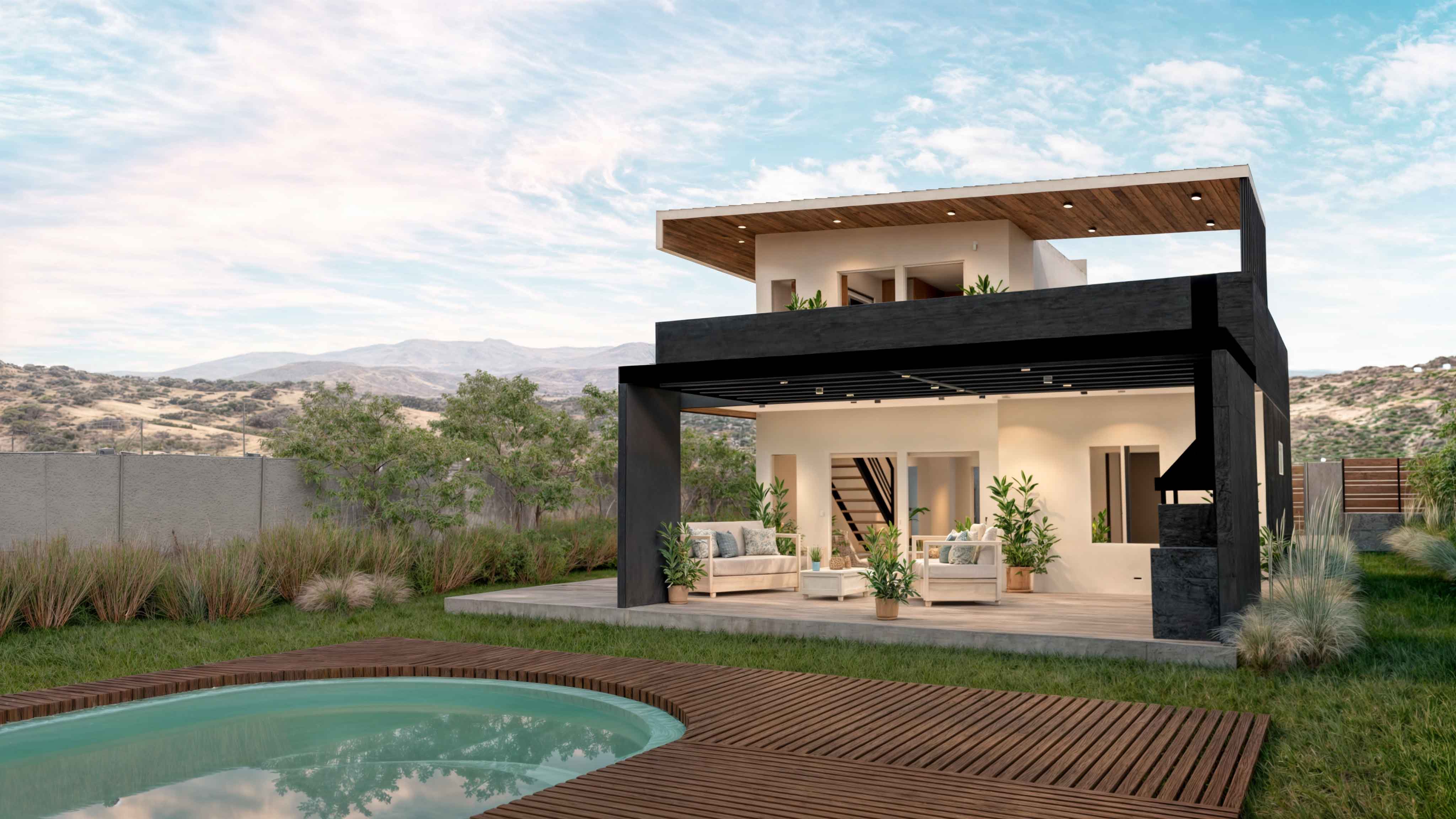 Casa TRES: Casa de dos pisos con terraza techada y piscina bajo un cielo despejado
