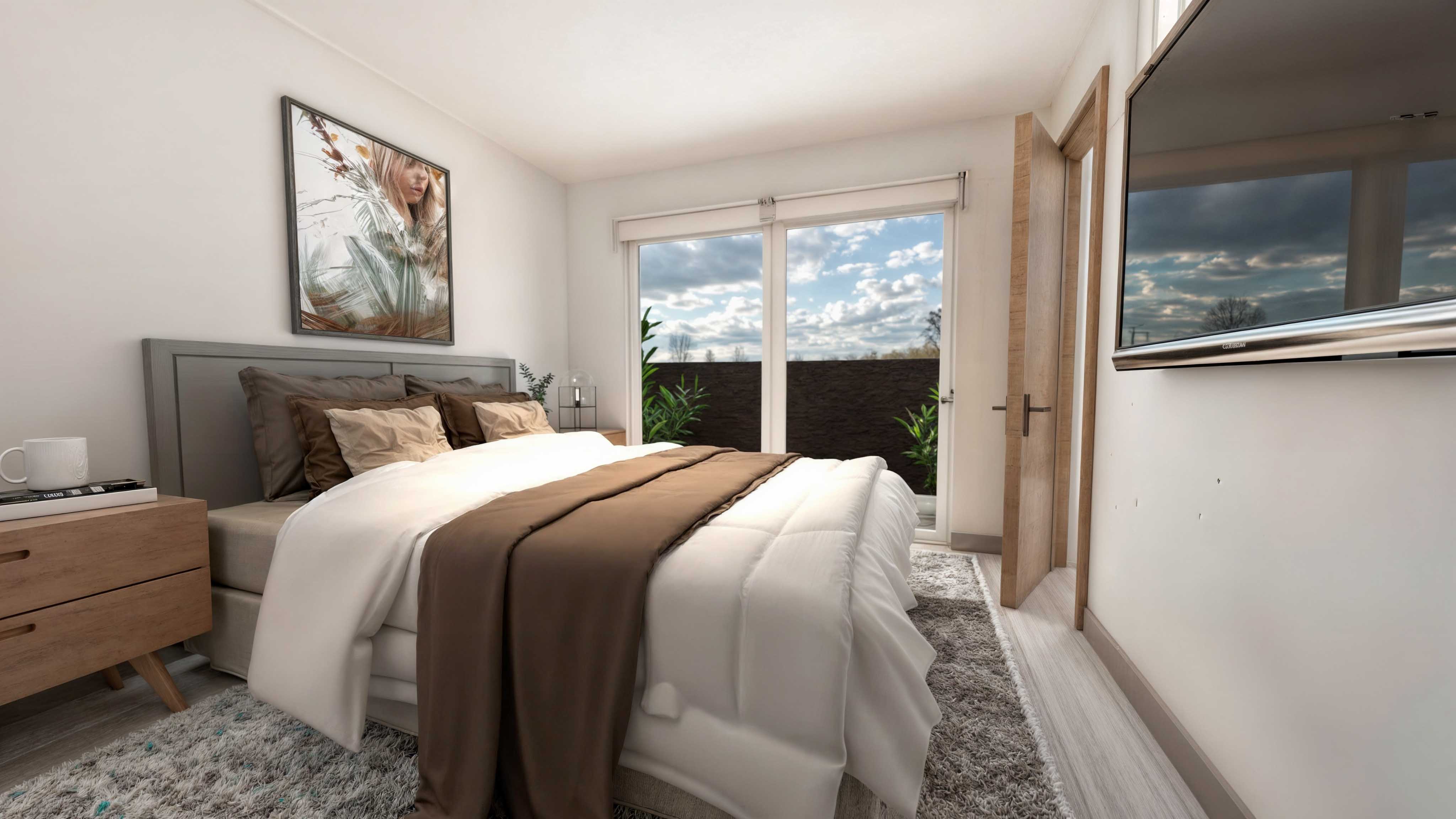 Casa TRES: Dormitorio con cama matrimonial, velador y ventana a la terraza