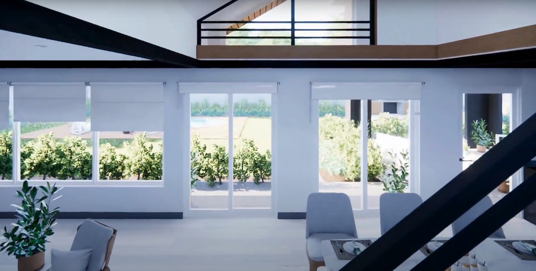 Casa DOS: Interior de doble altura con ventanales y escalera oscura