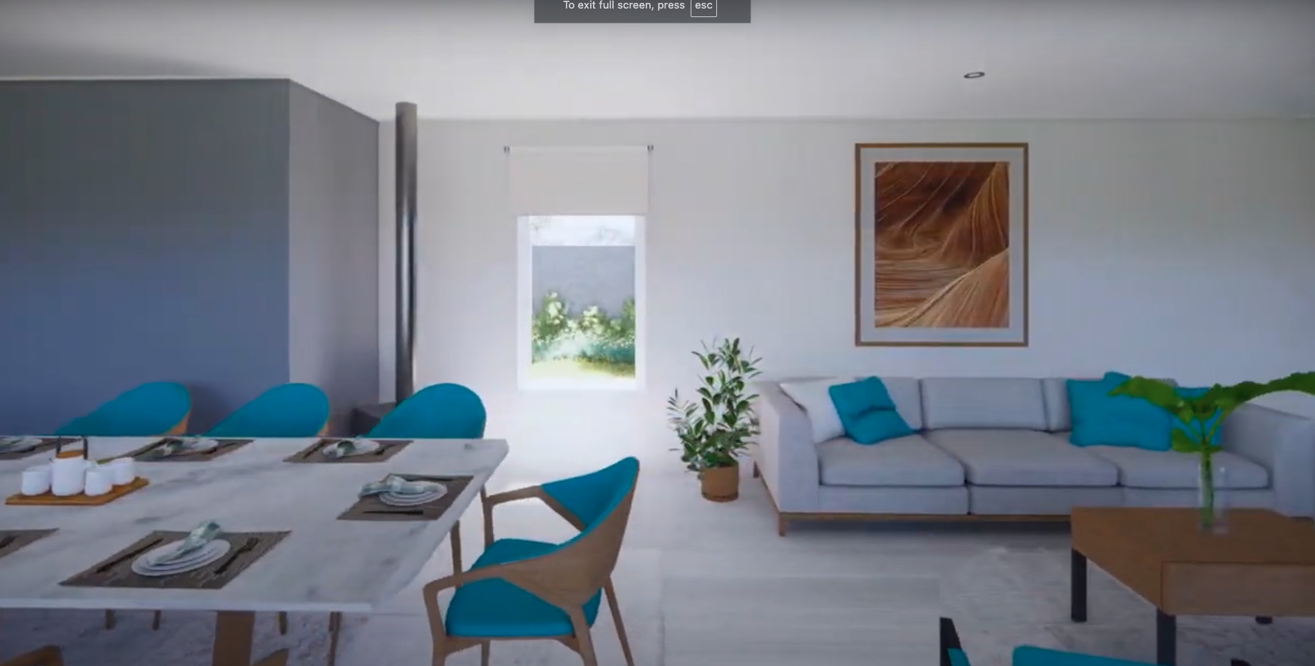 Casa UNO: Living y comedor con sofá gris, mesa de mármol y ventana al jardín