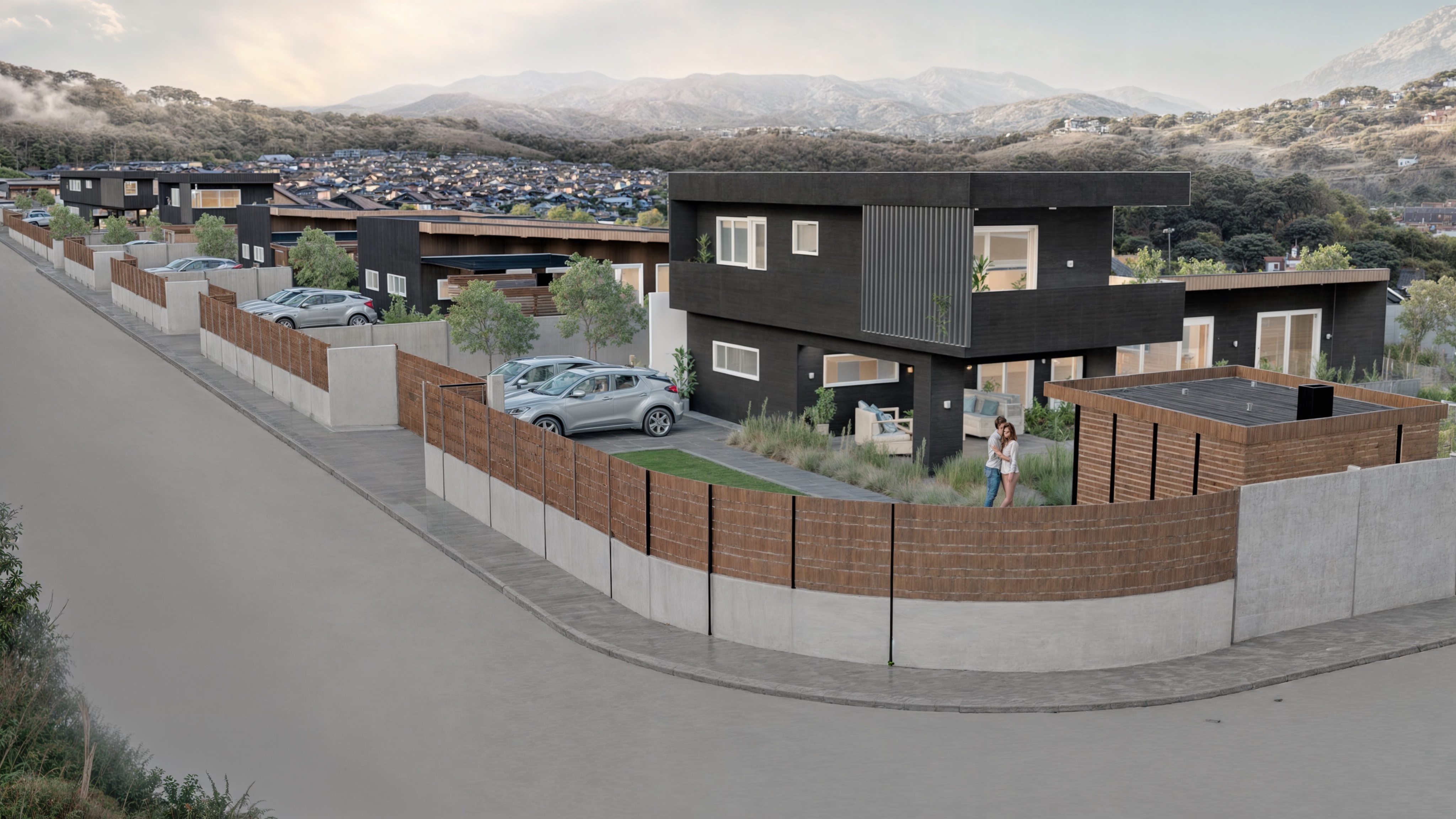 Calle del condominio con casas de líneas modernas y los cerros al fondo