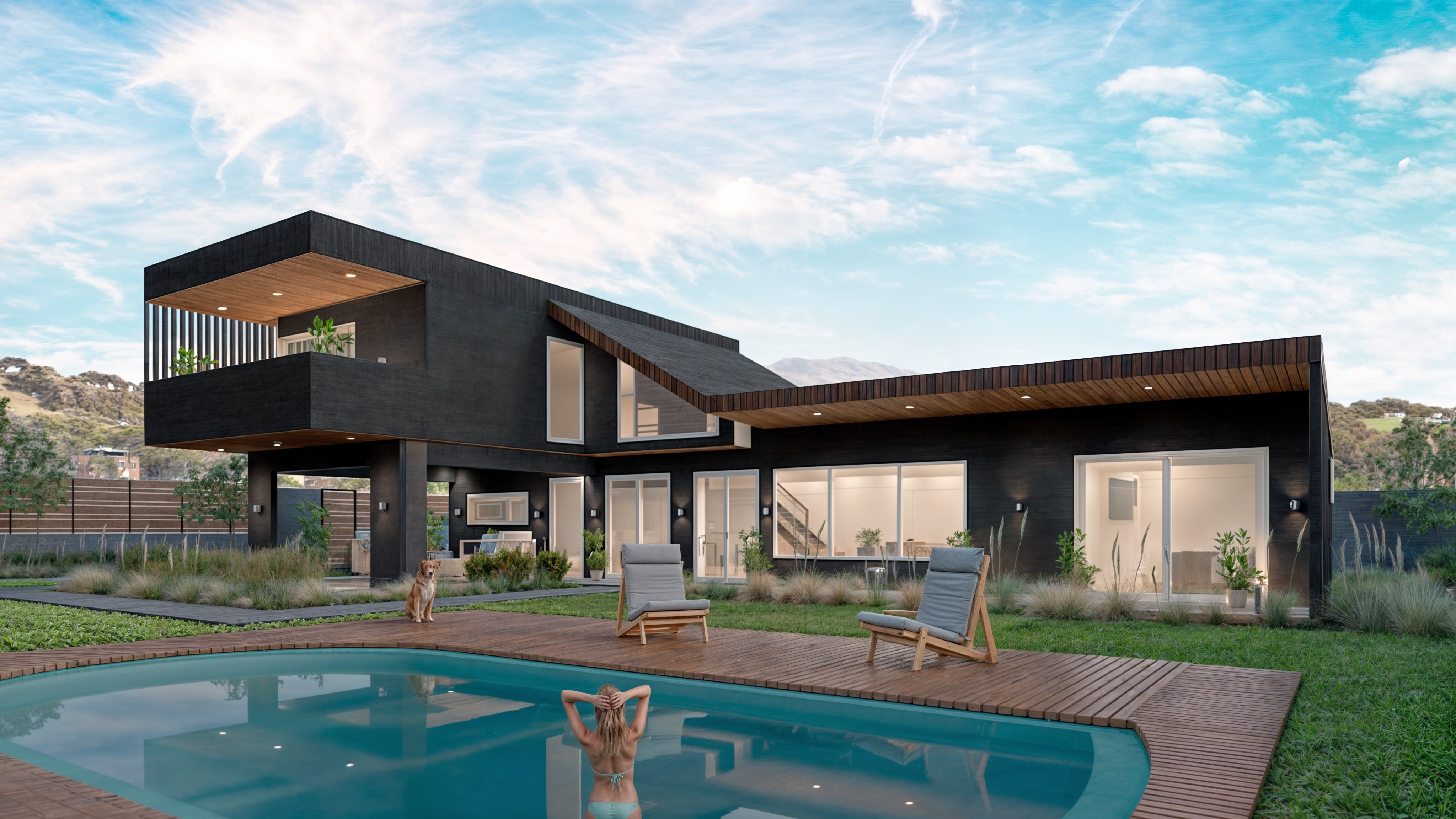 Casa DOS: Casa de dos pisos de fachada oscura con piscina y terraza de madera