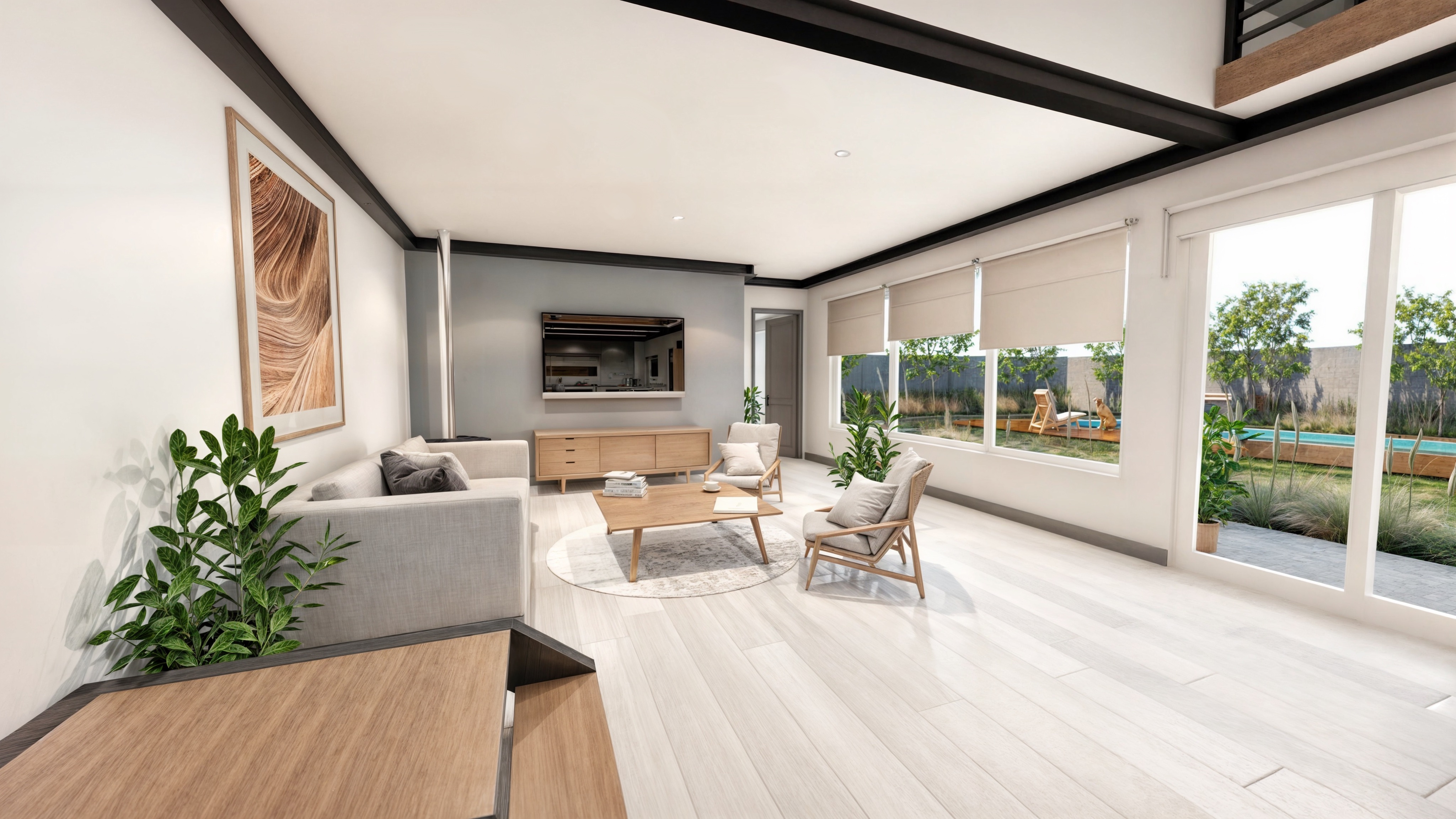 Casa DOS: Living de doble altura con sofá, mesa de centro y ventanales al jardín