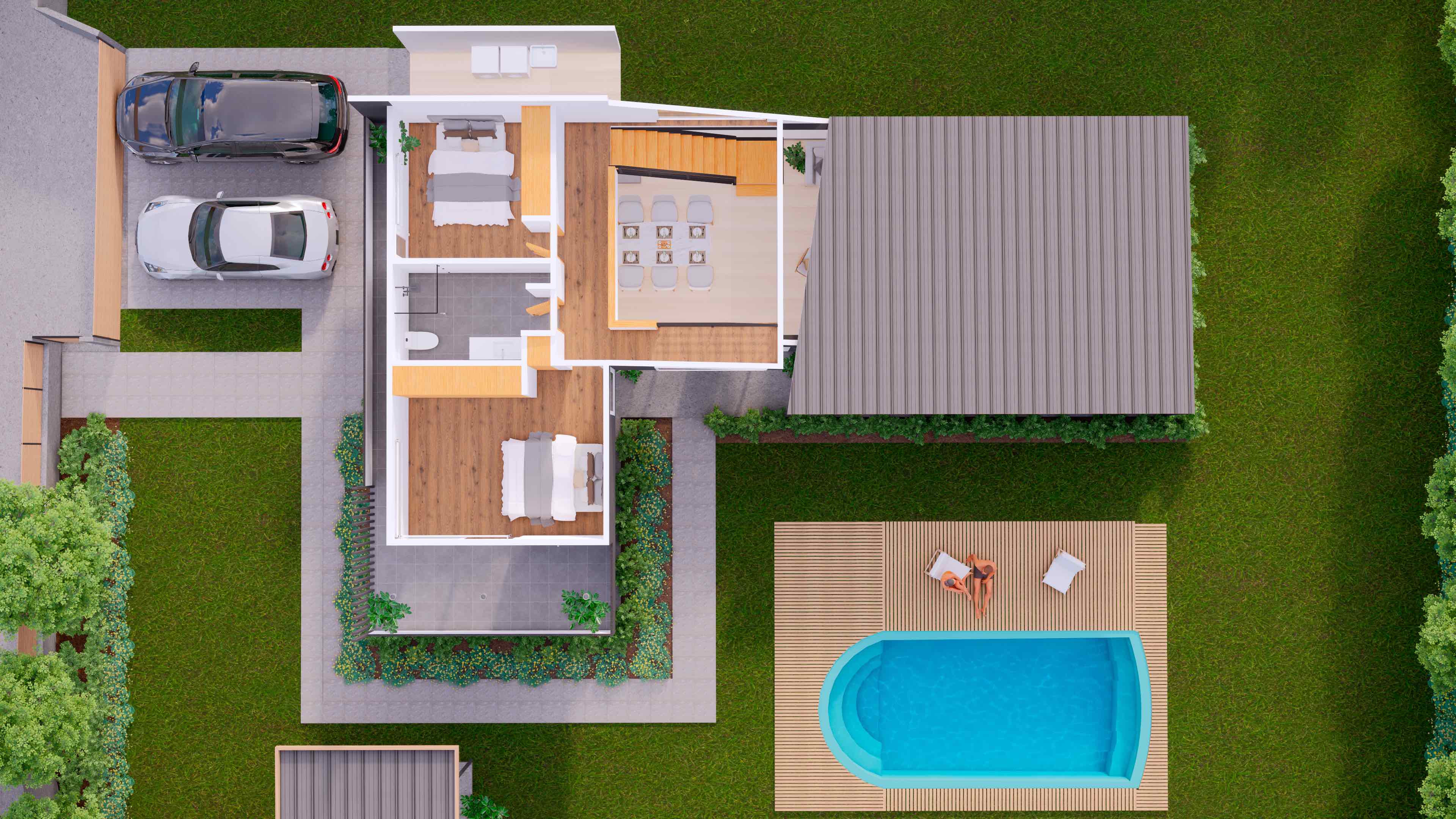 Casa DOS: Planta del segundo nivel vista desde arriba: dormitorios y baños