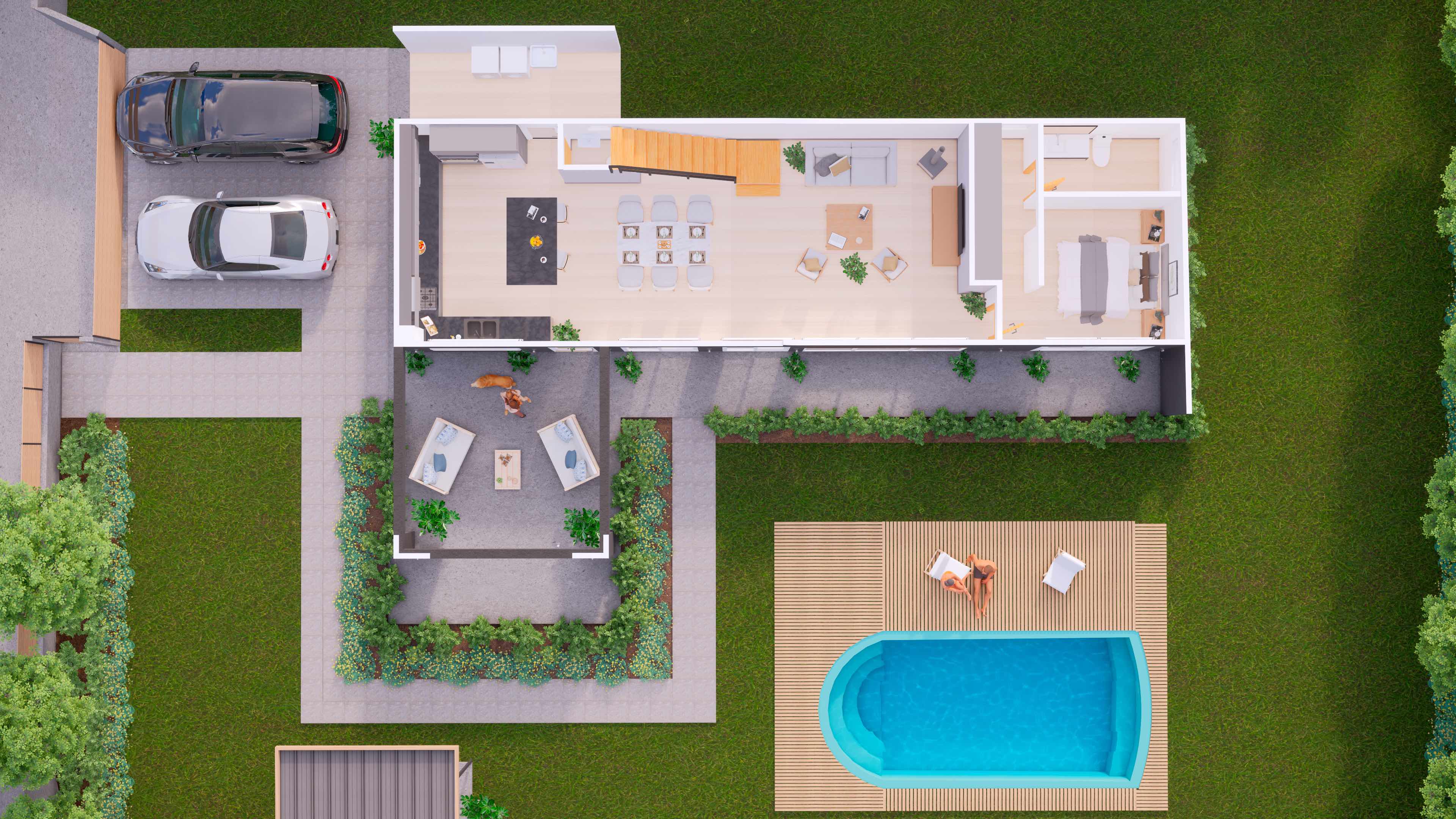 Casa DOS: Planta del primer nivel vista desde arriba: living-comedor, cocina, terraza, piscina y estacionamiento